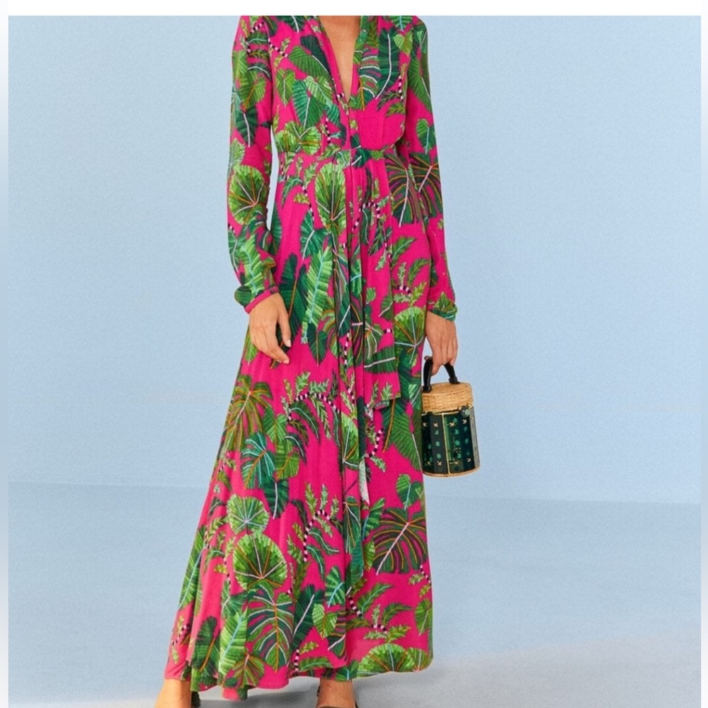 Farm Rio Pink Leaves Maxi dress sz S - Picture 3 of 14